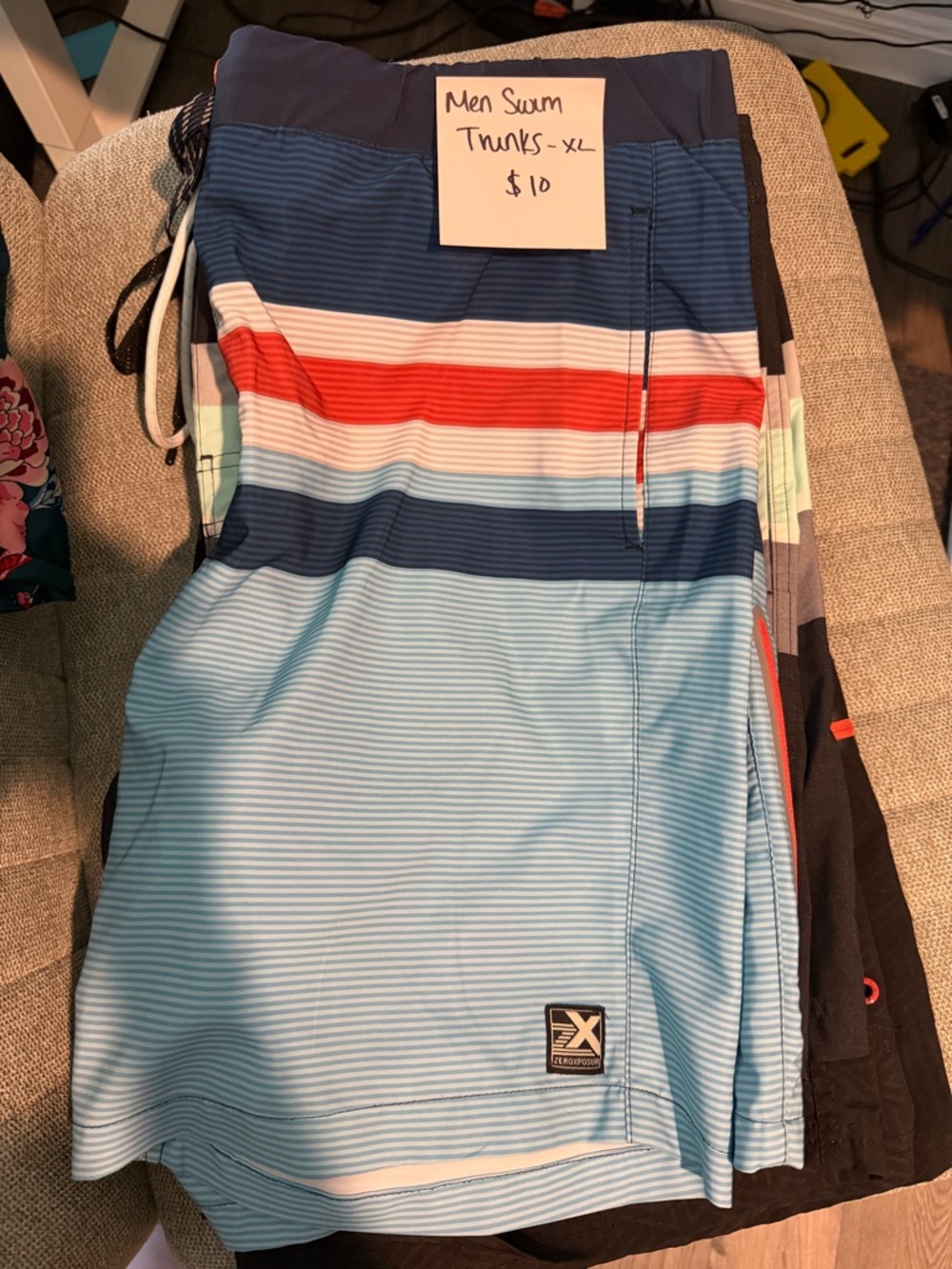 Men's Striped Swim Trunks - Light Blue & Navy with Red Stripe
